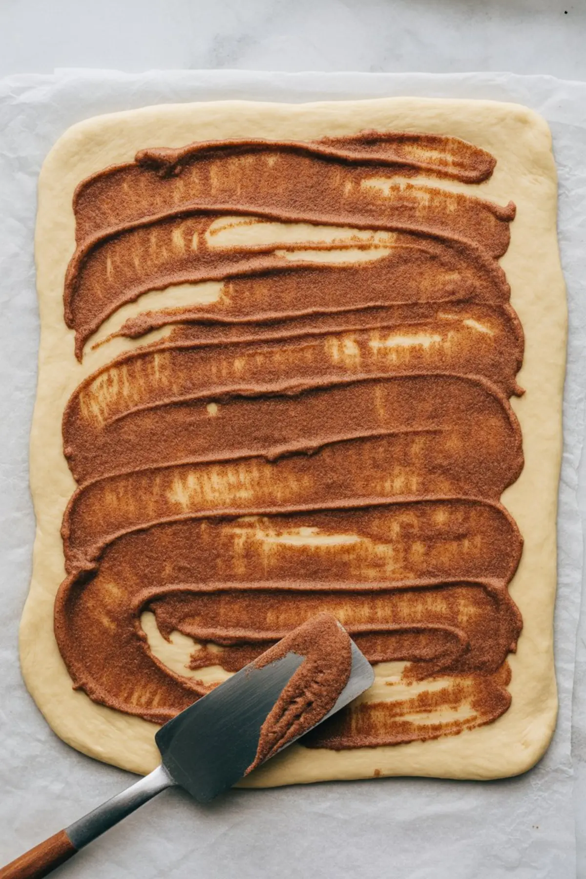 Rolled-out sugar cookie dough spread with a thick layer of cinnamon sugar filling, with a metal spatula resting on the corner.
