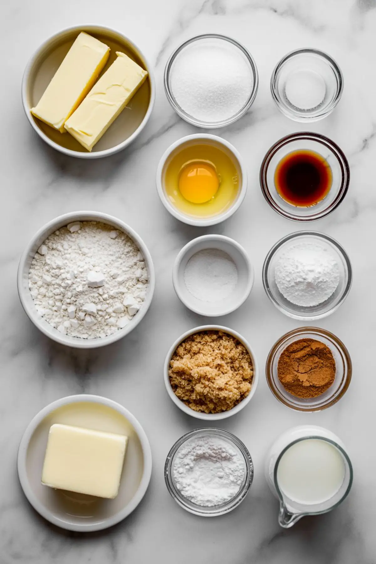 Flat lay of measured baking ingredients including butter, sugar, egg, flour, brown sugar, cinnamon, vanilla, and milk in small bowls on a marble surface.
