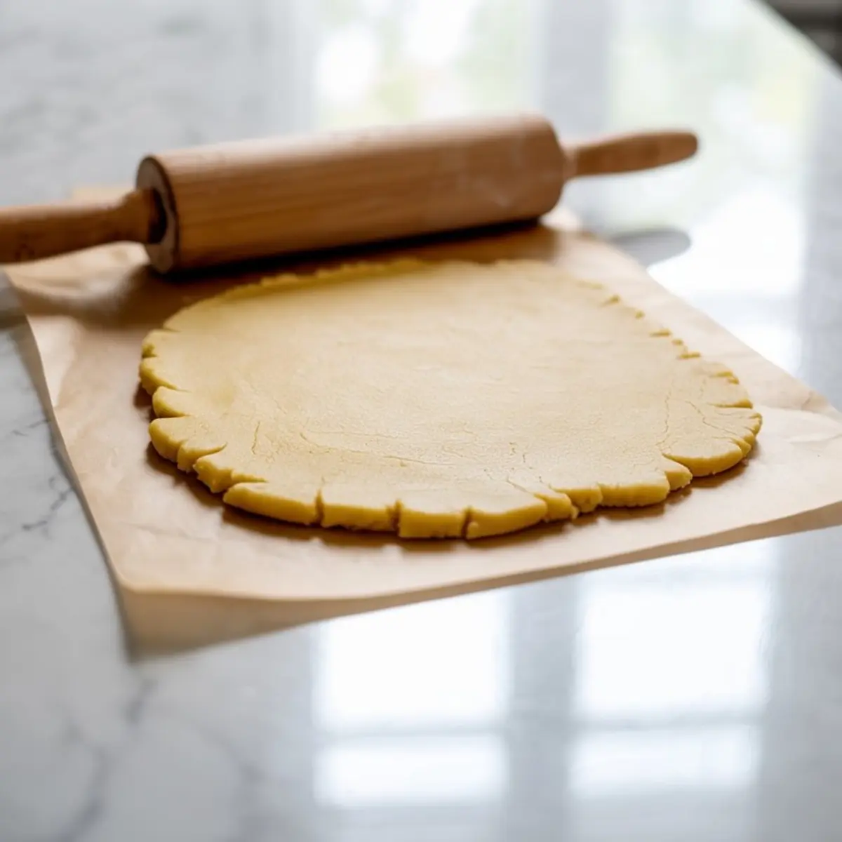 Rolled-out sugar cookie dough on parchment paper with a wooden rolling pin, placed on a glossy marble countertop.
