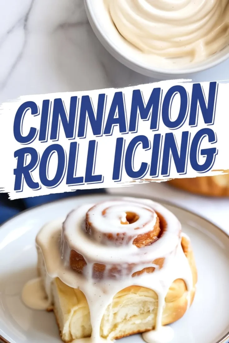 Freshly baked cinnamon roll covered in creamy vanilla icing on a white plate, with a bowl of frosting above and bold text reading “Cinnamon Roll Icing” across the center.