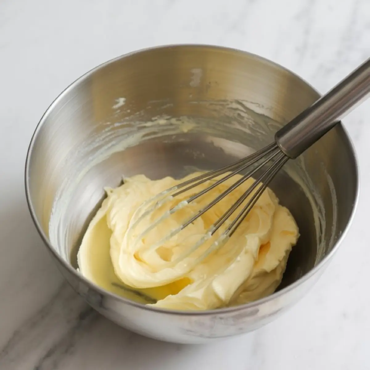 Creamy butter mixture being whisked in a stainless steel mixing bowl on a marble surface, preparing base for homemade cinnamon roll icing.
