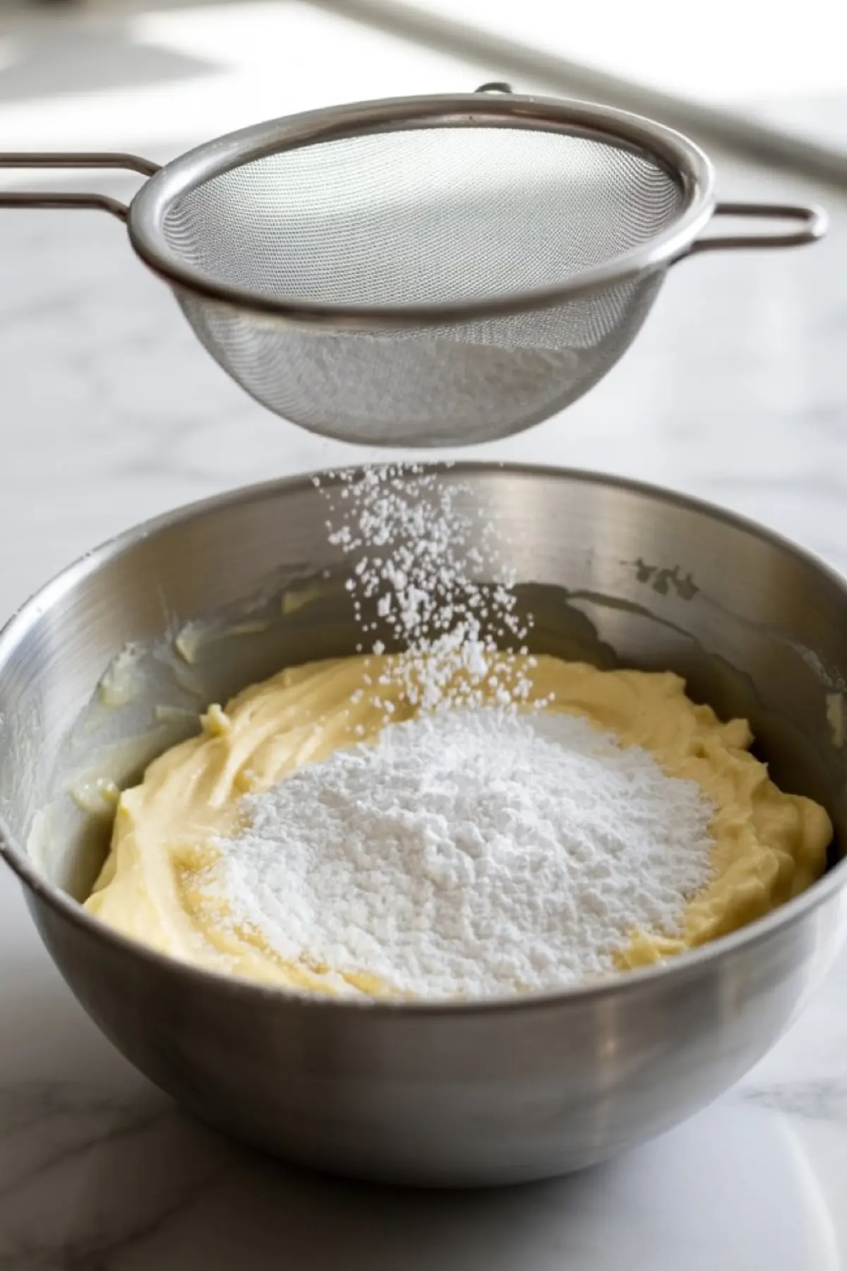Powdered sugar being sifted into a bowl of whipped butter for icing preparation, showing the key step in making cinnamon roll glaze.
