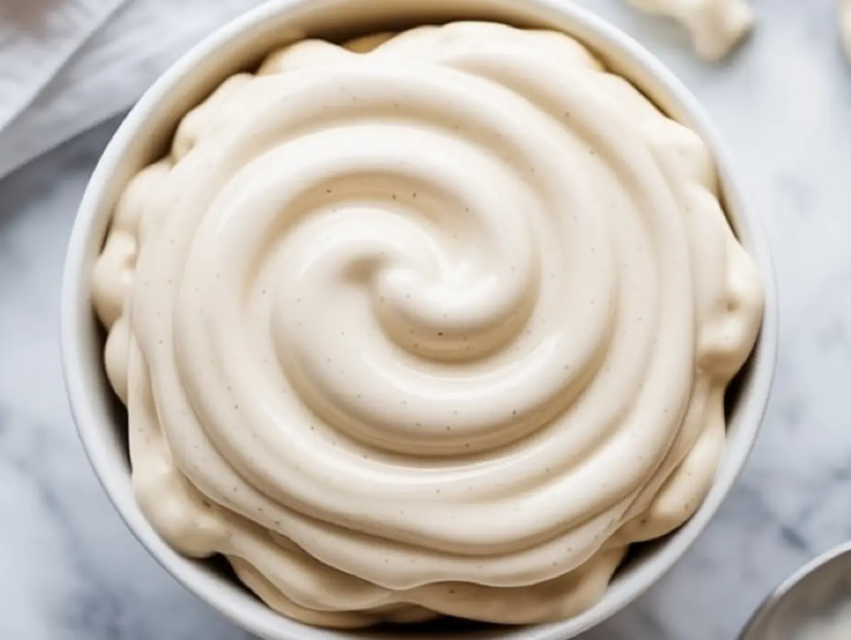 Close-up of thick cream cheese cinnamon roll icing with visible vanilla bean specks in a white bowl, swirled into a decorative spiral.

