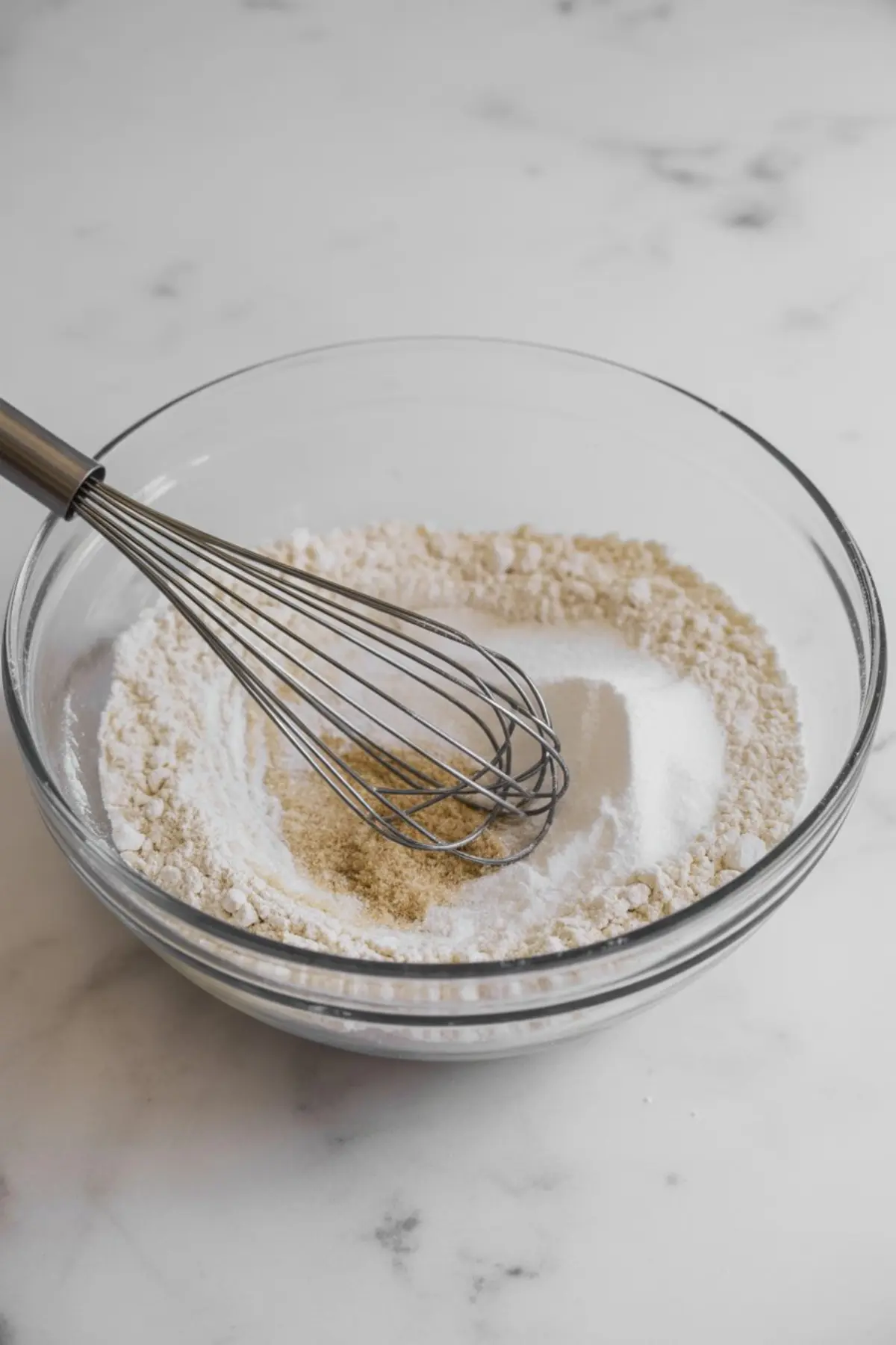 Glass mixing bowl filled with flour, sugar, baking powder, and ground spices, with a stainless steel whisk resting inside, set on a marble surface for baking preparation.
