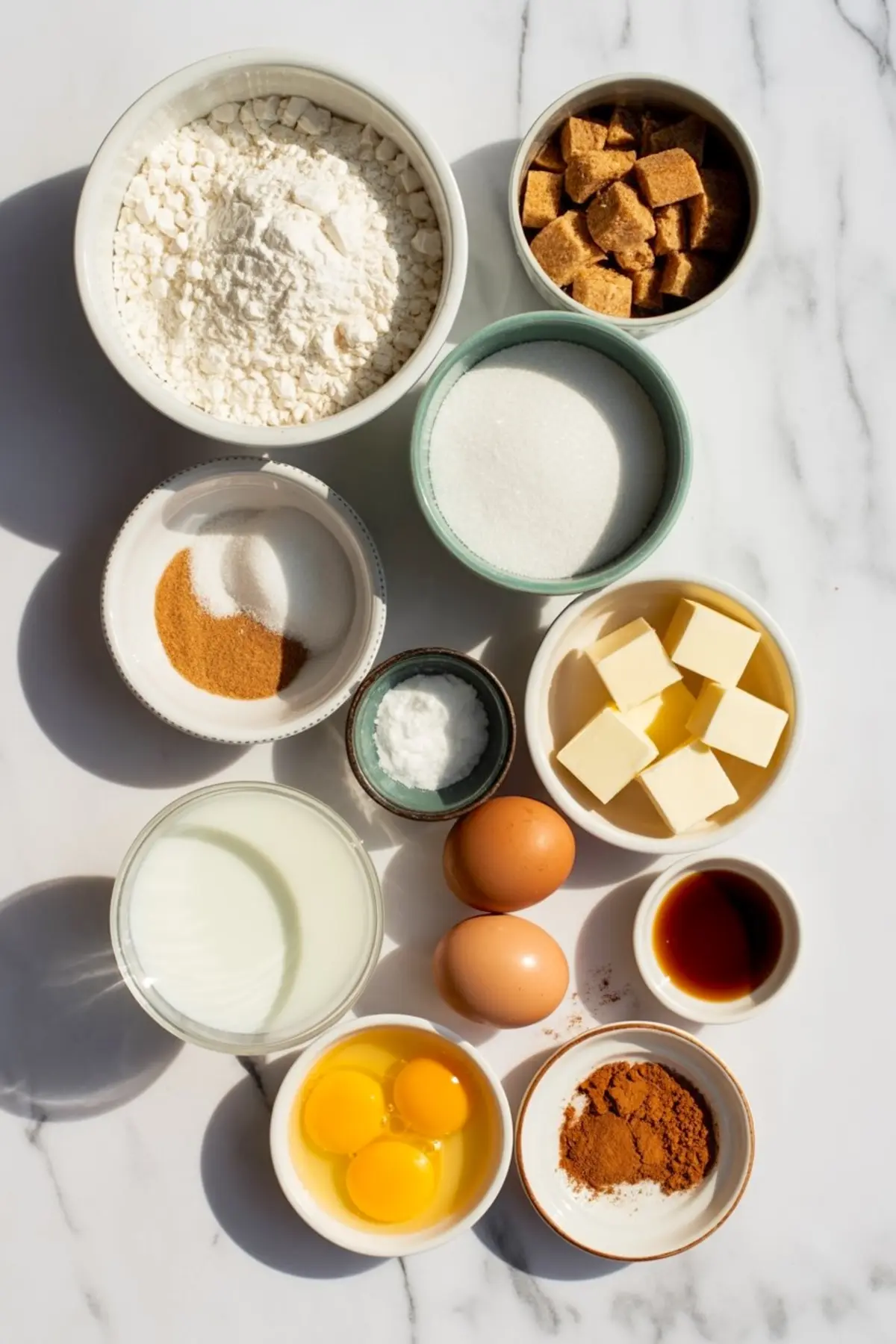Flat lay of baking ingredients for cinnamon muffins, including flour, sugar, butter, eggs, milk, vanilla extract, cinnamon, baking powder, and brown sugar on a white countertop.
