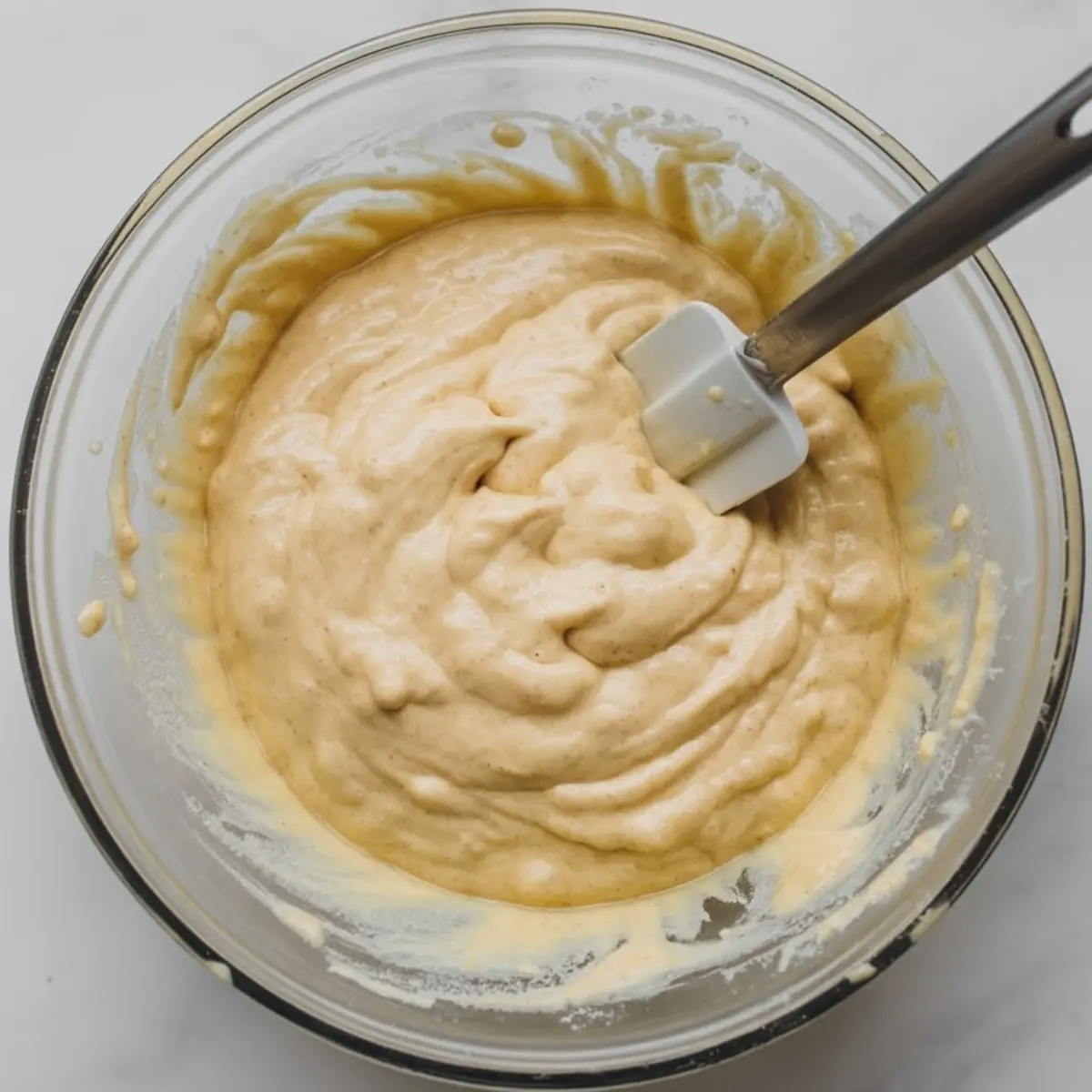 Thick cinnamon muffin batter fully mixed in a glass bowl with a silicone spatula, showing creamy texture and smooth consistency.
