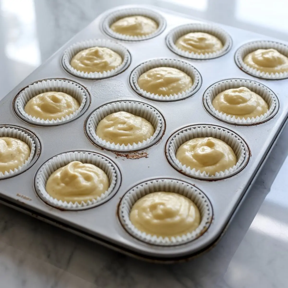 Unbaked muffin batter poured into paper-lined cupcake tin, ready to go into the oven, set on a bright kitchen surface.
