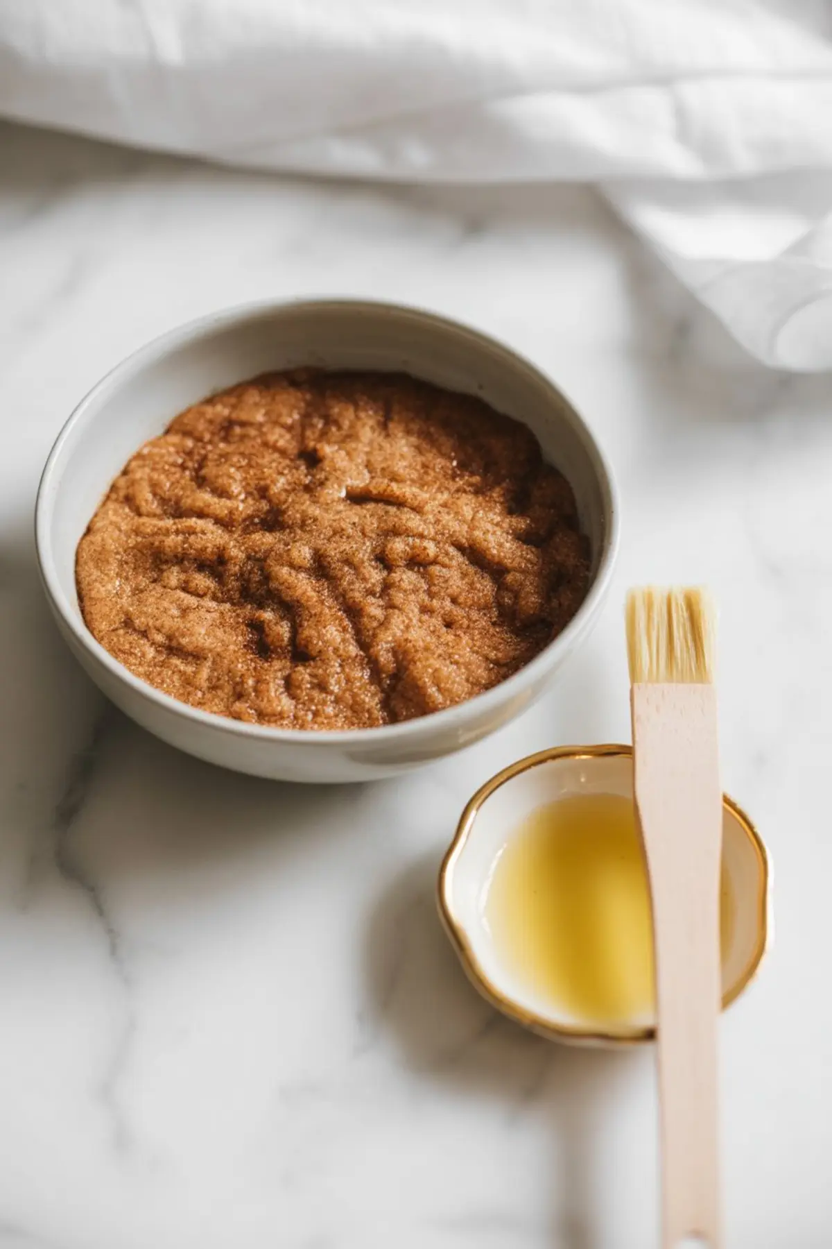Small bowl of cinnamon sugar mixture next to a dish of melted butter and a pastry brush, ingredients used for topping muffins before or after baking.
