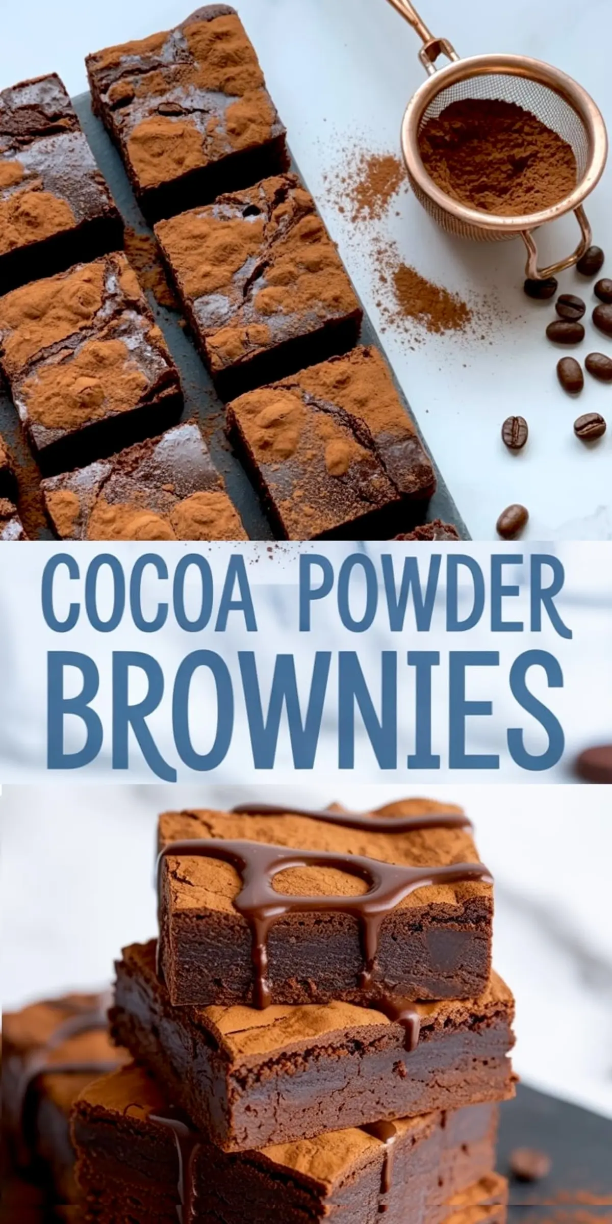 Top and bottom view of rich cocoa powder brownies with chocolate drizzle on top, styled on a slate tray and a white plate for a bold dessert presentation.
