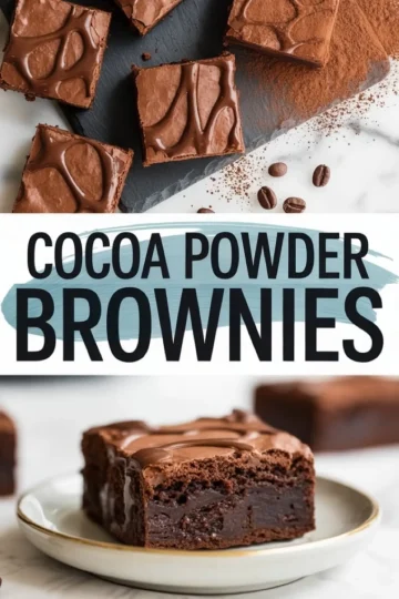 Glossy cocoa brownies with a crackly top and rich chocolate drizzle, styled with cocoa dust and whole coffee beans, presented on a slate tray and dessert plate.