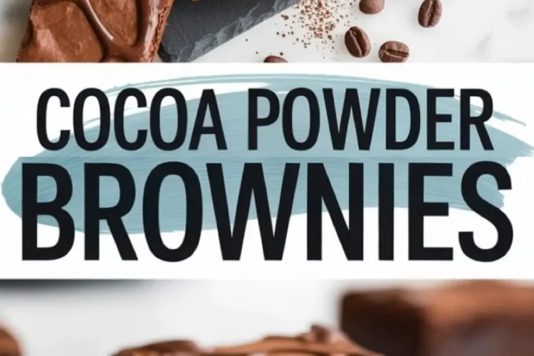 Glossy cocoa brownies with a crackly top and rich chocolate drizzle, styled with cocoa dust and whole coffee beans, presented on a slate tray and dessert plate.