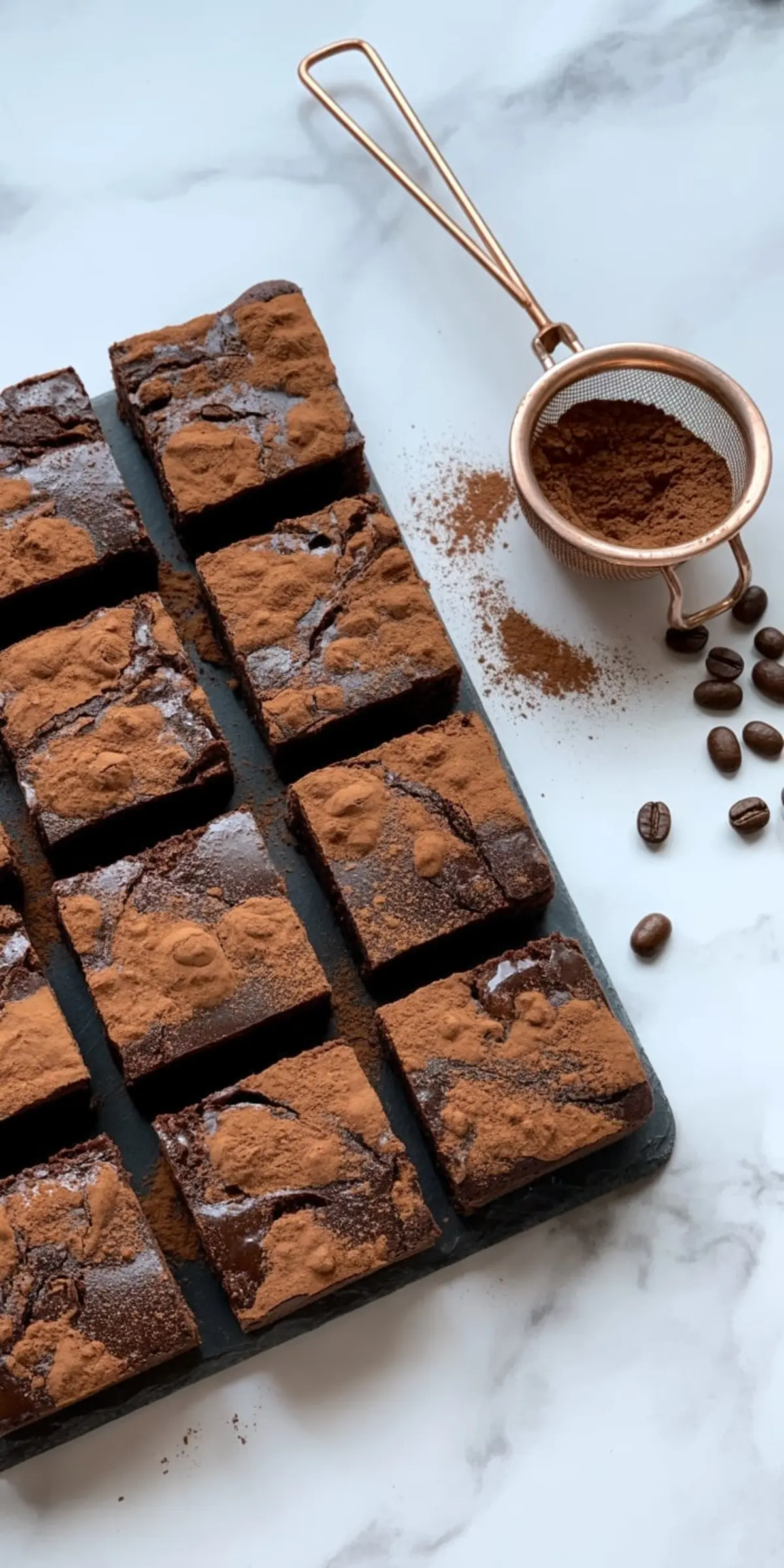 Overhead view of sliced cocoa powder brownies dusted generously with cocoa, arranged on a black tray beside a copper strainer and scattered coffee beans.
