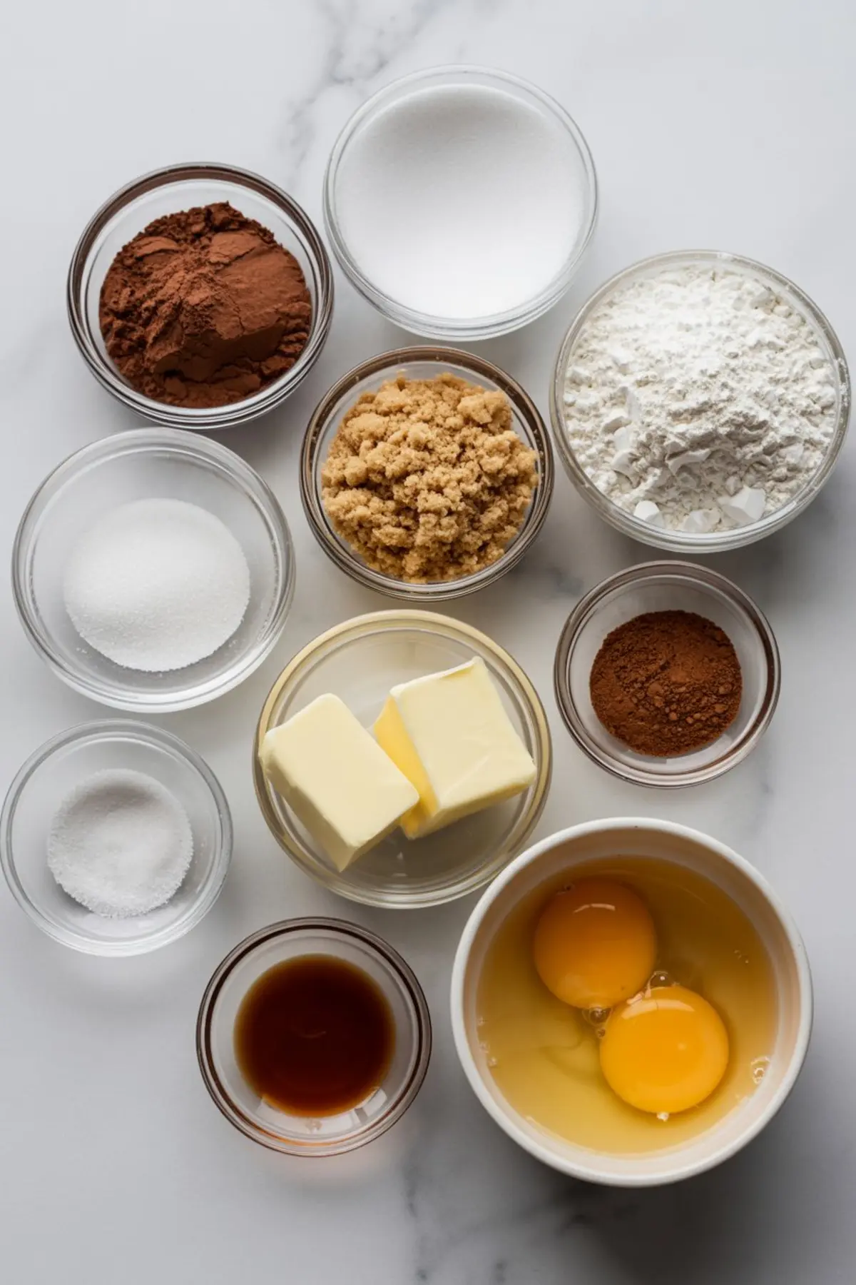 Flat lay of measured ingredients in glass bowls for homemade cocoa brownies, including cocoa powder, granulated sugar, brown sugar, flour, eggs, butter, vanilla, and salt on a white marble background.

