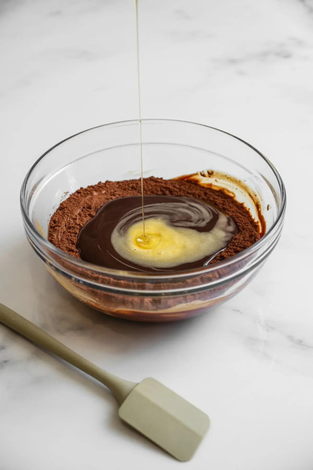 Close-up of brownie batter being mixed in a glass bowl with cocoa powder and melted butter, showing the swirling texture of wet and dry ingredients.
