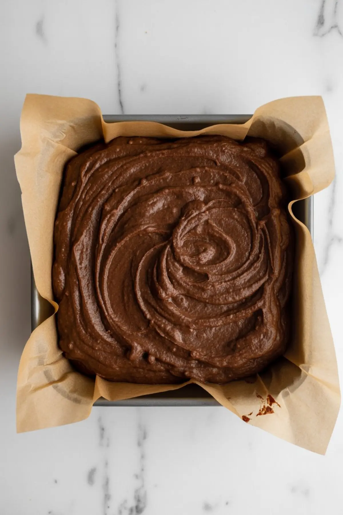 Unbaked cocoa brownie batter spread in a parchment-lined square baking pan, showing the thick and smooth chocolate texture ready for the oven.
