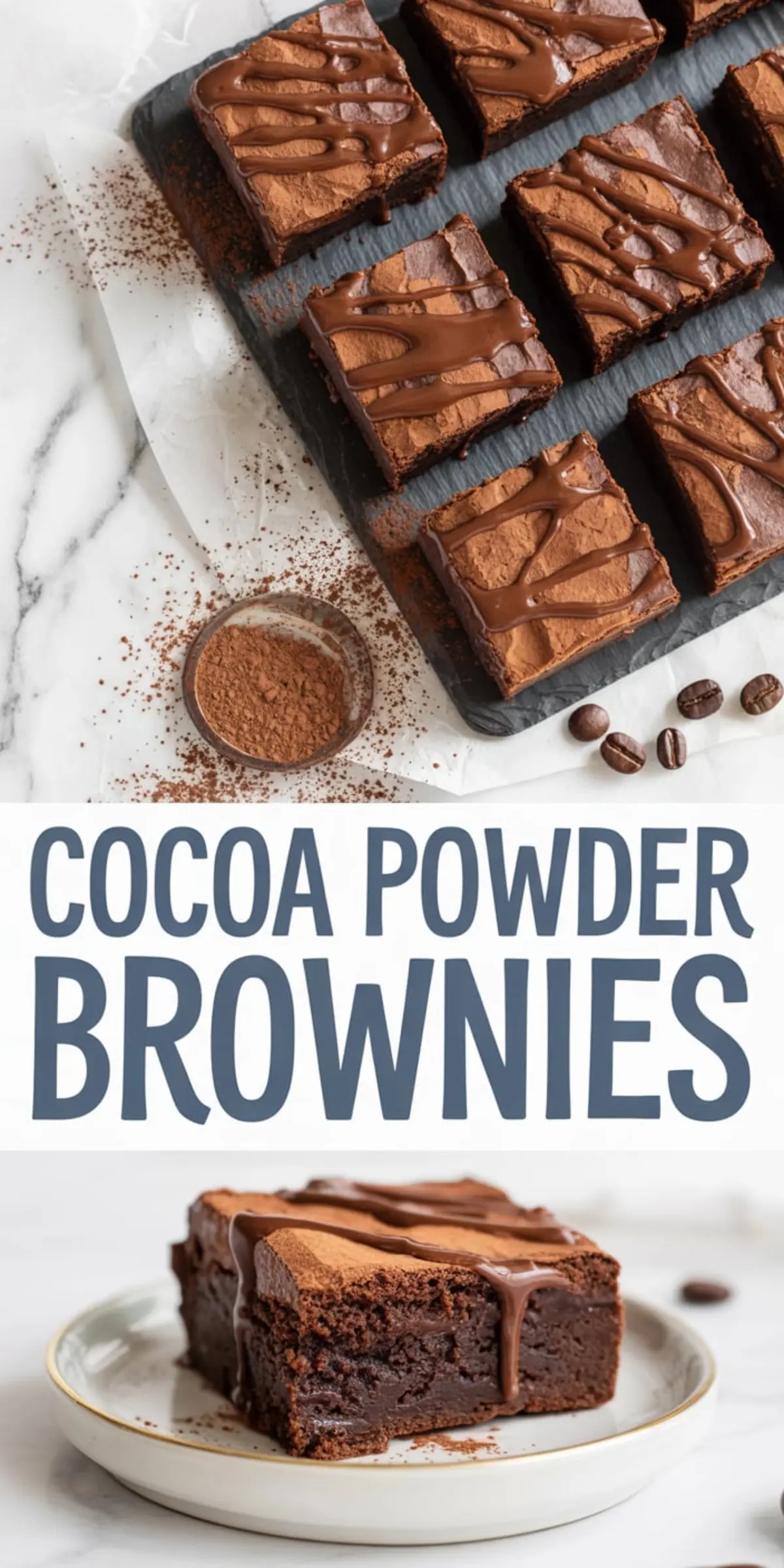 Top and bottom view of fudgy cocoa powder brownies topped with chocolate drizzle, displayed on parchment paper with cocoa powder, coffee beans, and a single brownie slice plated on white china.