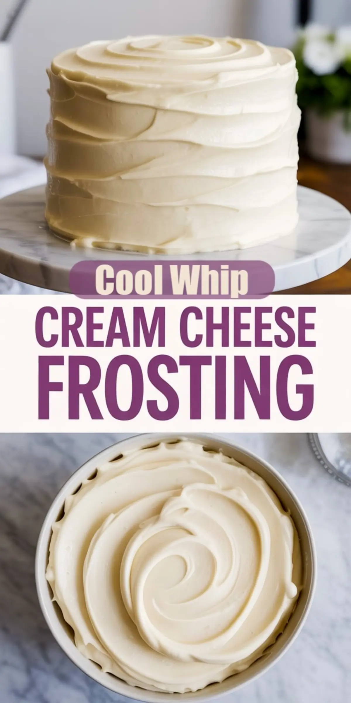 Homemade Cool Whip cream cheese frosting spread over a round layer cake and shown from a top view in a bowl, highlighting smooth swirls and creamy consistency on a marble surface.
