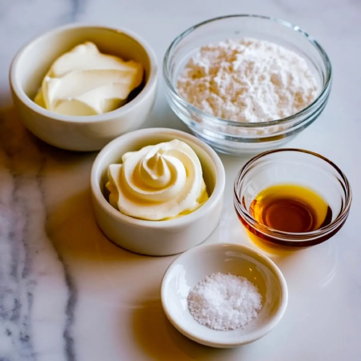 Ingredients for Cool Whip cream cheese frosting laid out on a marble surface, including cream cheese, powdered sugar, whipped topping, vanilla extract, and salt in glass and ceramic bowls.
