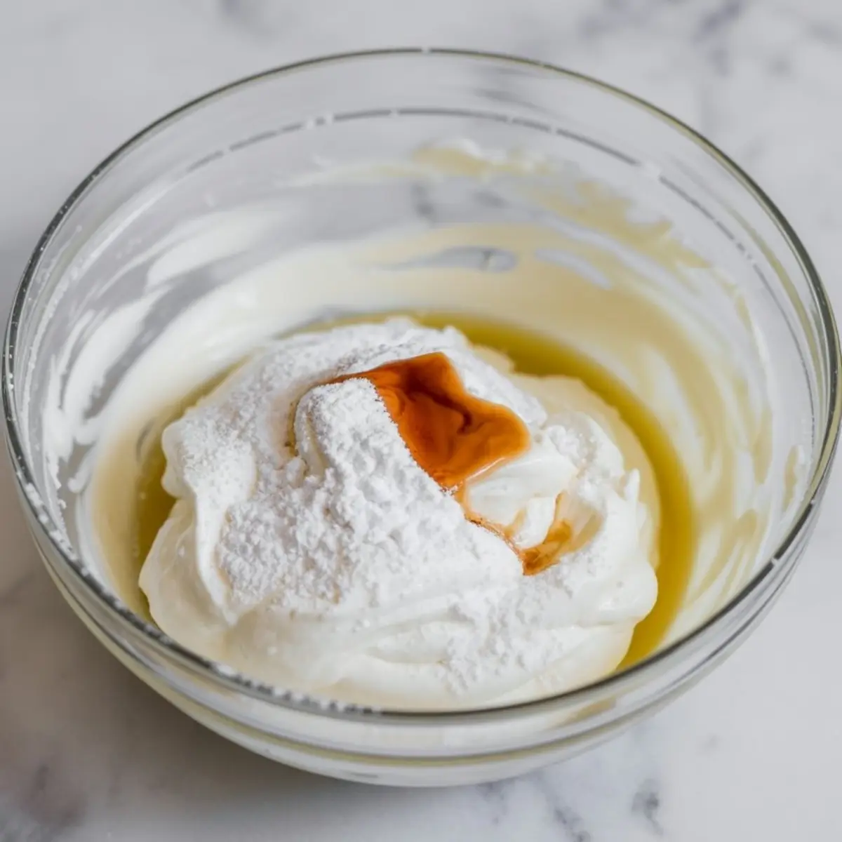 Unmixed ingredients for Cool Whip cream cheese frosting in a glass bowl, including powdered sugar, vanilla extract, and whipped topping on a creamy base, ready to be blended on a marble counter.
