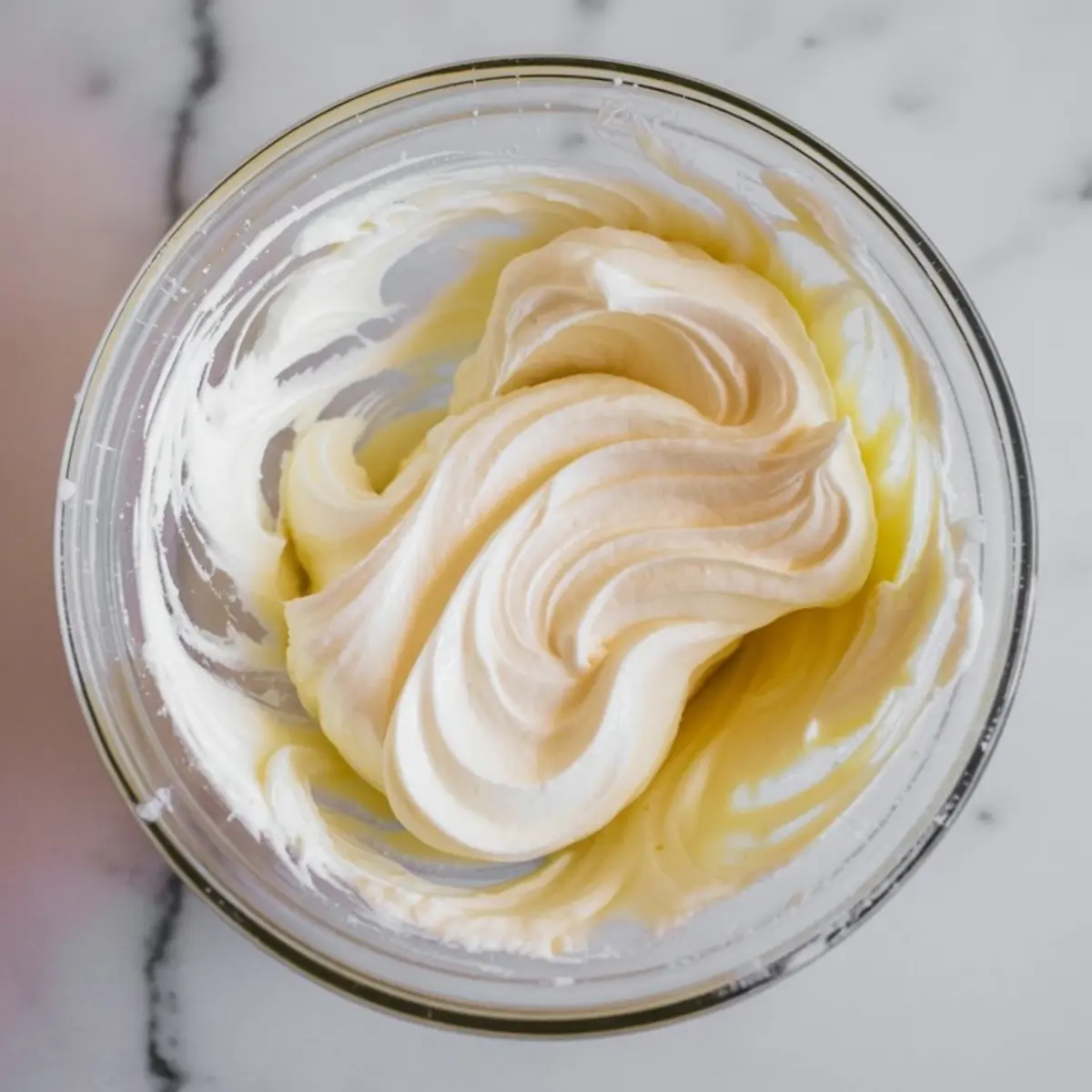 Partially mixed Cool Whip cream cheese frosting in a glass bowl, showing smooth folds of creamy texture and swirls forming as ingredients combine on a light marble surface.
