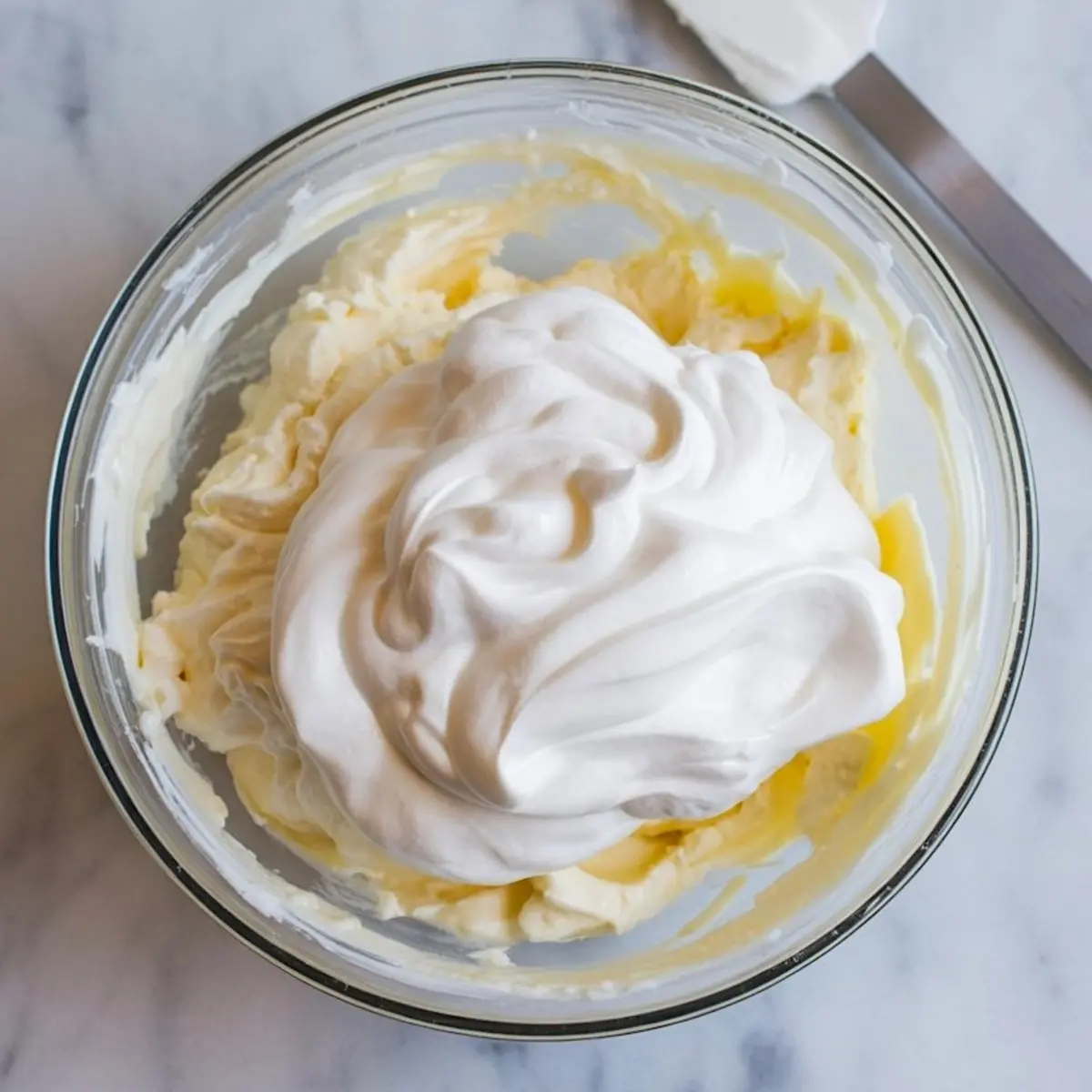 Dollop of whipped topping sitting on a bowl of partially mixed cream cheese and powdered sugar base, ready to be folded into a fluffy Cool Whip frosting blend on a marble surface with a spatula nearby.