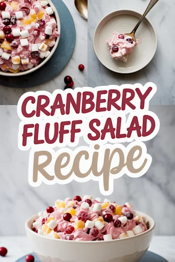 Collage image of cranberry fluff salad in a white bowl, close-up spoonful in a dish, and bold text overlay reading “Cranberry Fluff Salad Recipe,” highlighting creamy texture, mini marshmallows, pineapple, and whole cranberries.