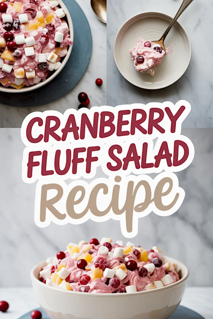 Collage image of cranberry fluff salad in a white bowl, close-up spoonful in a dish, and bold text overlay reading “Cranberry Fluff Salad Recipe,” highlighting creamy texture, mini marshmallows, pineapple, and whole cranberries.