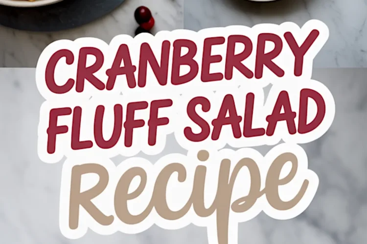 Collage image of cranberry fluff salad in a white bowl, close-up spoonful in a dish, and bold text overlay reading “Cranberry Fluff Salad Recipe,” highlighting creamy texture, mini marshmallows, pineapple, and whole cranberries.