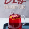 Glass pitcher of homemade cranberry juice with floating cranberries and lemon slices on a dark tray, with bold “DIY Cranberry Juice” text above, styled on a light marble background for a clean recipe presentation.