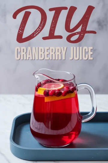 Glass pitcher of homemade cranberry juice with floating cranberries and lemon slices on a dark tray, with bold “DIY Cranberry Juice” text above, styled on a light marble background for a clean recipe presentation.