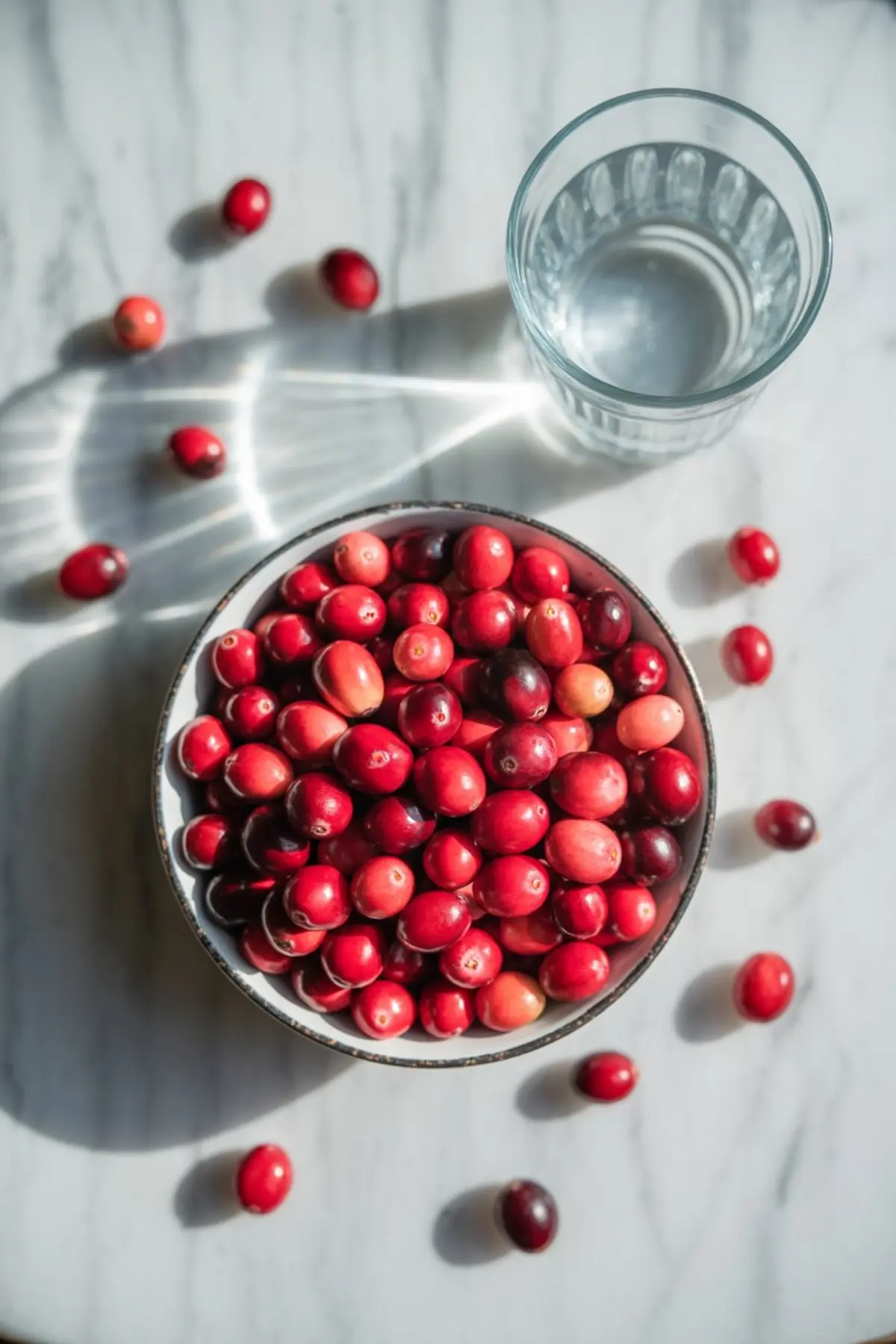 Top-down view of a ceramic bowl filled with fresh red cranberries beside a clear glass of water on a white marble surface, with scattered cranberries creating a natural and bright food photography composition.