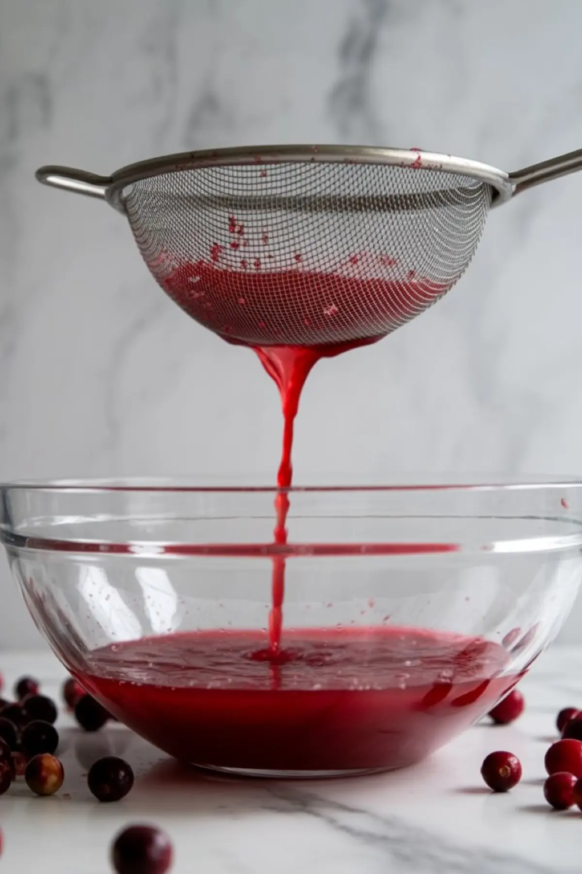 Close-up of a metal strainer suspended over a glass mixing bowl, with vibrant red cranberry juice dripping through during the straining process, surrounded by scattered cranberries on a marble surface.