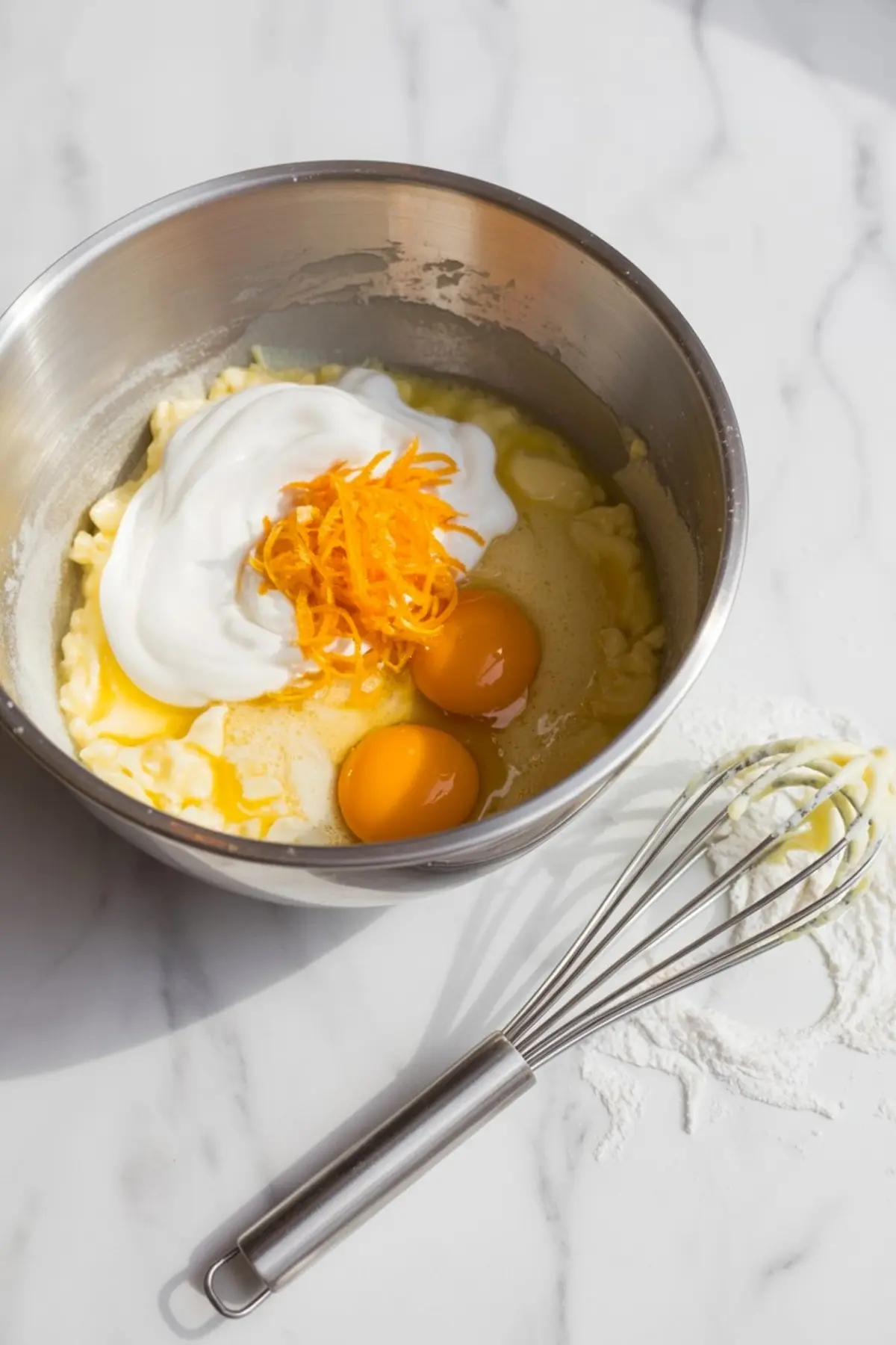 Mixing bowl with eggs, sour cream, orange zest, and butter ready to be combined for cranberry orange bread batter, with a whisk placed nearby.