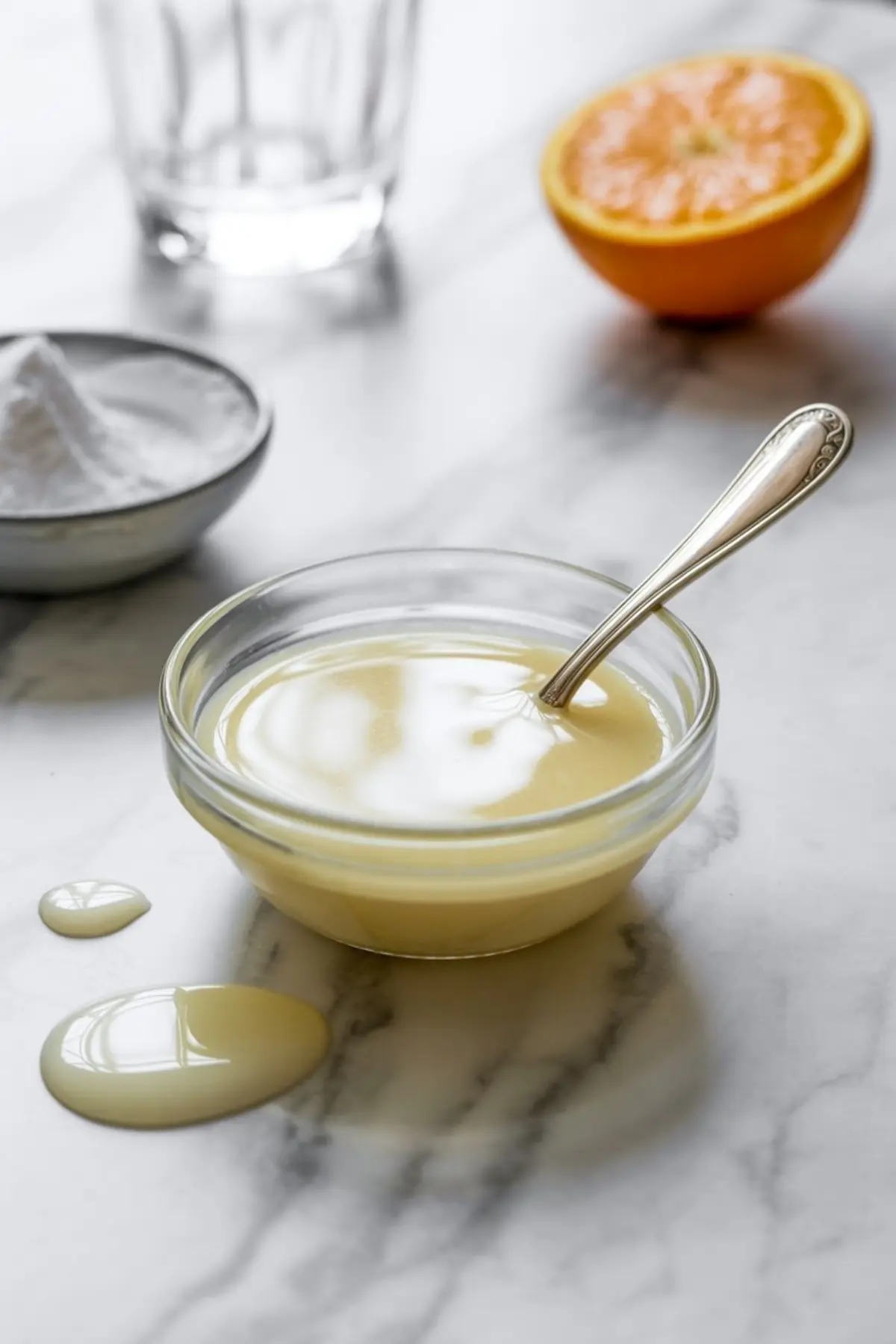 Small glass bowl of creamy orange glaze with a spoon inside, with powdered sugar and a halved orange in the background on a marble surface.