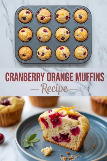 Golden cranberry orange muffins in a pan, with a halved muffin on a plate garnished with orange zest curls.