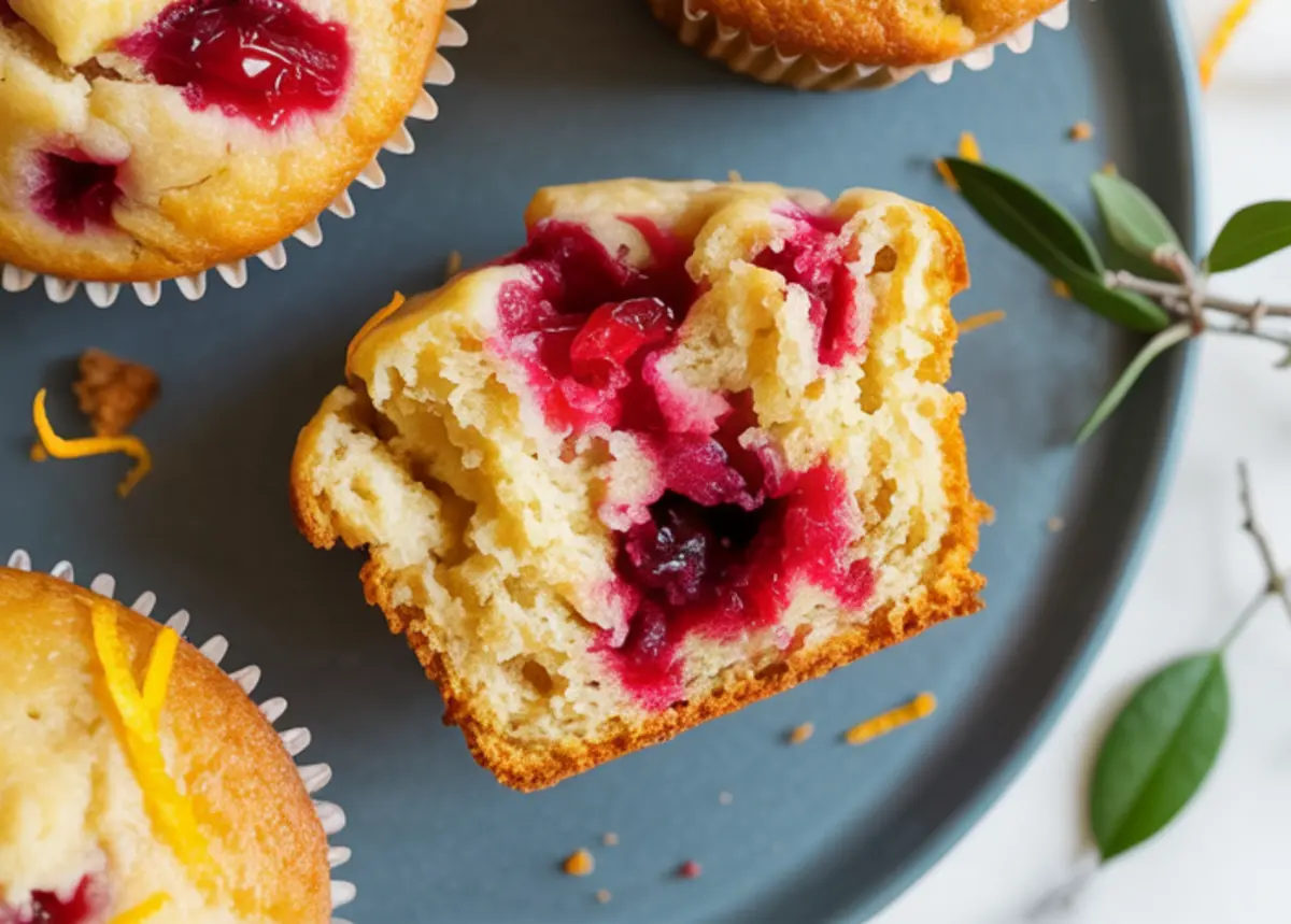 Close-up of a halved cranberry orange muffin on a plate, showing a moist crumb and vibrant red cranberries, garnished with fresh orange zest.