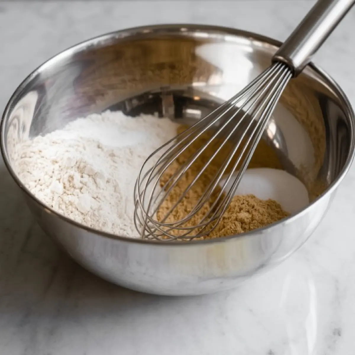 Stainless steel mixing bowl with a whisk resting inside, filled with flour, brown sugar, and granulated sugar ready to be combined.