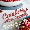 Close-up of cranberry salad in a large white bowl, filled with fresh cranberries, apple chunks, pineapple, and pecans, with decorative text that reads “Cranberry Salad Recipes Thanksgiving.”