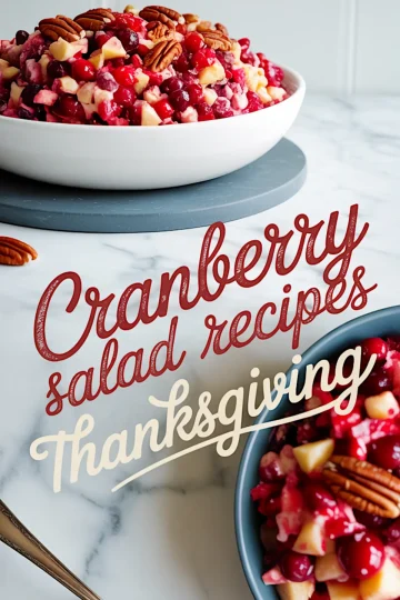 Close-up of cranberry salad in a large white bowl, filled with fresh cranberries, apple chunks, pineapple, and pecans, with decorative text that reads “Cranberry Salad Recipes Thanksgiving.”