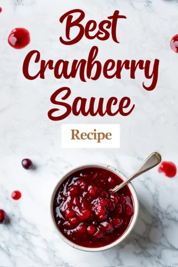 Overhead shot of a bowl of homemade cranberry sauce with a spoon, surrounded by text that reads “Best Cranberry Sauce Recipe,” with scattered cranberries on a marble background.