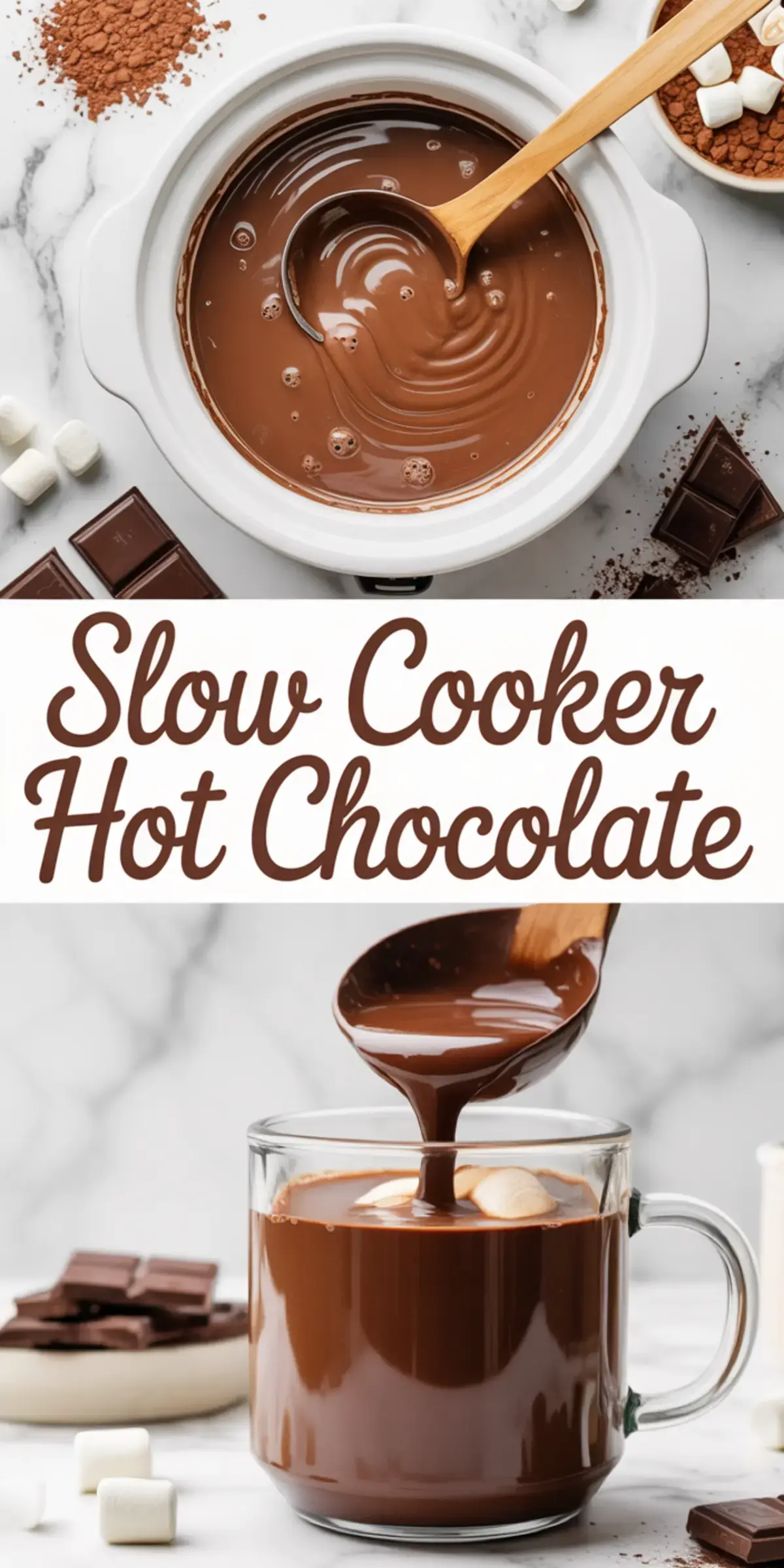 Vertical collage of slow cooker hot chocolate preparation and serving, showing a crockpot of melted chocolate stirred with a wooden spoon on top and a close-up of rich hot chocolate with marshmallows in a clear glass mug below, with bold text overlay reading “Slow Cooker Hot Chocolate.”
