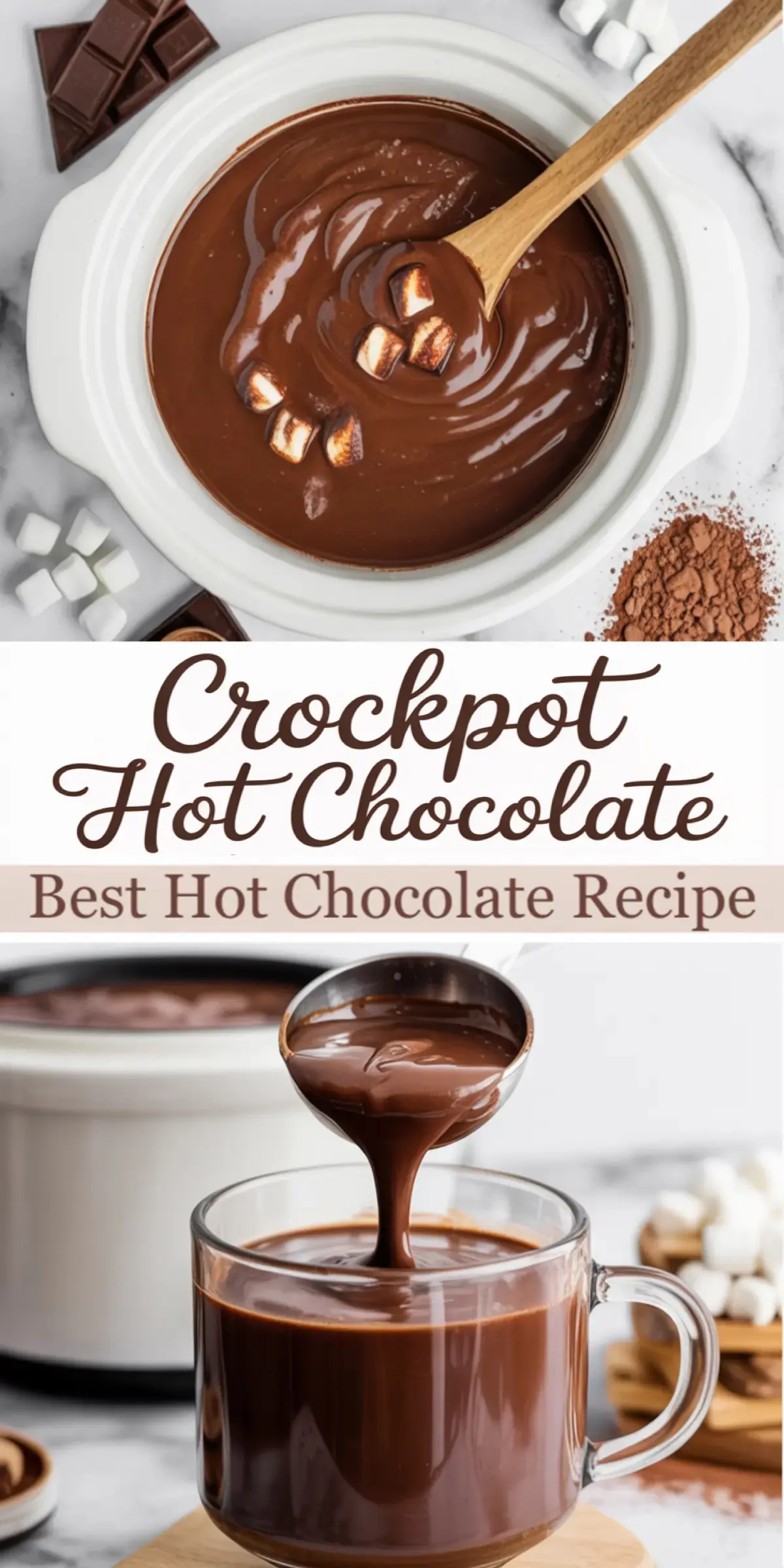 Two-part collage for crockpot hot chocolate recipe, with the top half showing a ladle stirring melted chocolate and toasted marshmallows in a slow cooker, and the bottom half featuring a close-up of silky hot chocolate being poured into a glass mug, labeled “Crockpot Hot Chocolate Best Hot Chocolate Recipe.”

