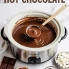 Crockpot filled with thick, melted hot chocolate being ladled, surrounded by mini marshmallows, cocoa powder, chocolate squares, and a glass mug of hot chocolate topped with toasted marshmallows.