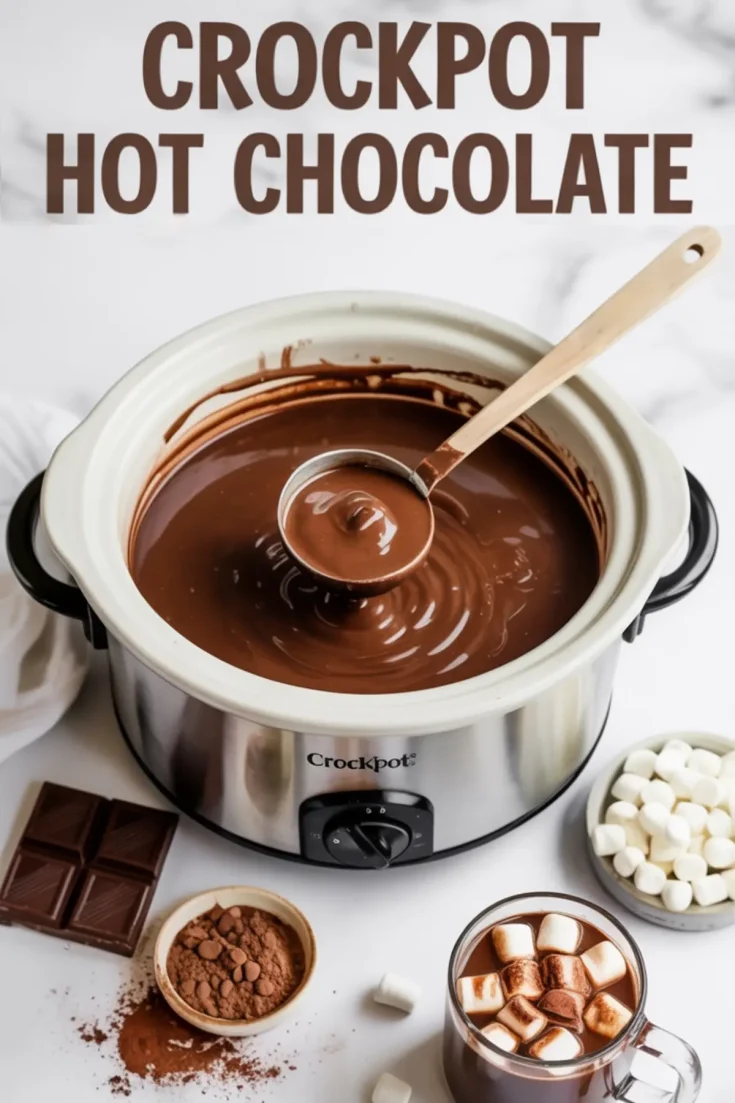 Crockpot filled with thick, melted hot chocolate being ladled, surrounded by mini marshmallows, cocoa powder, chocolate squares, and a glass mug of hot chocolate topped with toasted marshmallows.
