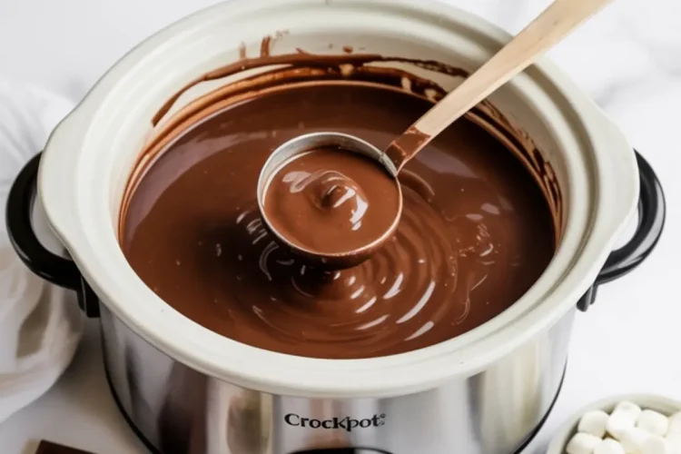 Crockpot filled with thick, melted hot chocolate being ladled, surrounded by mini marshmallows, cocoa powder, chocolate squares, and a glass mug of hot chocolate topped with toasted marshmallows.