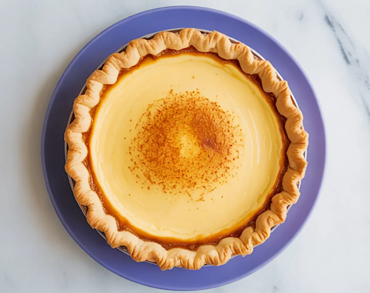 Whole baked custard pie with golden crust and a dusting of nutmeg in the center, served on a vibrant purple plate.
