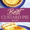 Vertical collage with a full custard pie on a purple plate above and a single slice below, framed by a purple banner that reads “Best Custard Pie Recipe.”