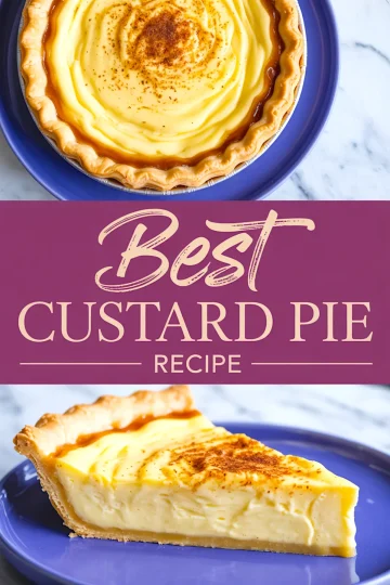 Vertical collage with a full custard pie on a purple plate above and a single slice below, framed by a purple banner that reads “Best Custard Pie Recipe.”