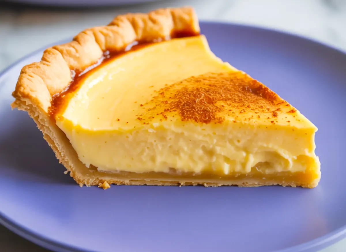 Close-up of a single custard pie slice on a purple plate, showing creamy, set filling and golden crust with a light nutmeg sprinkle on top.
