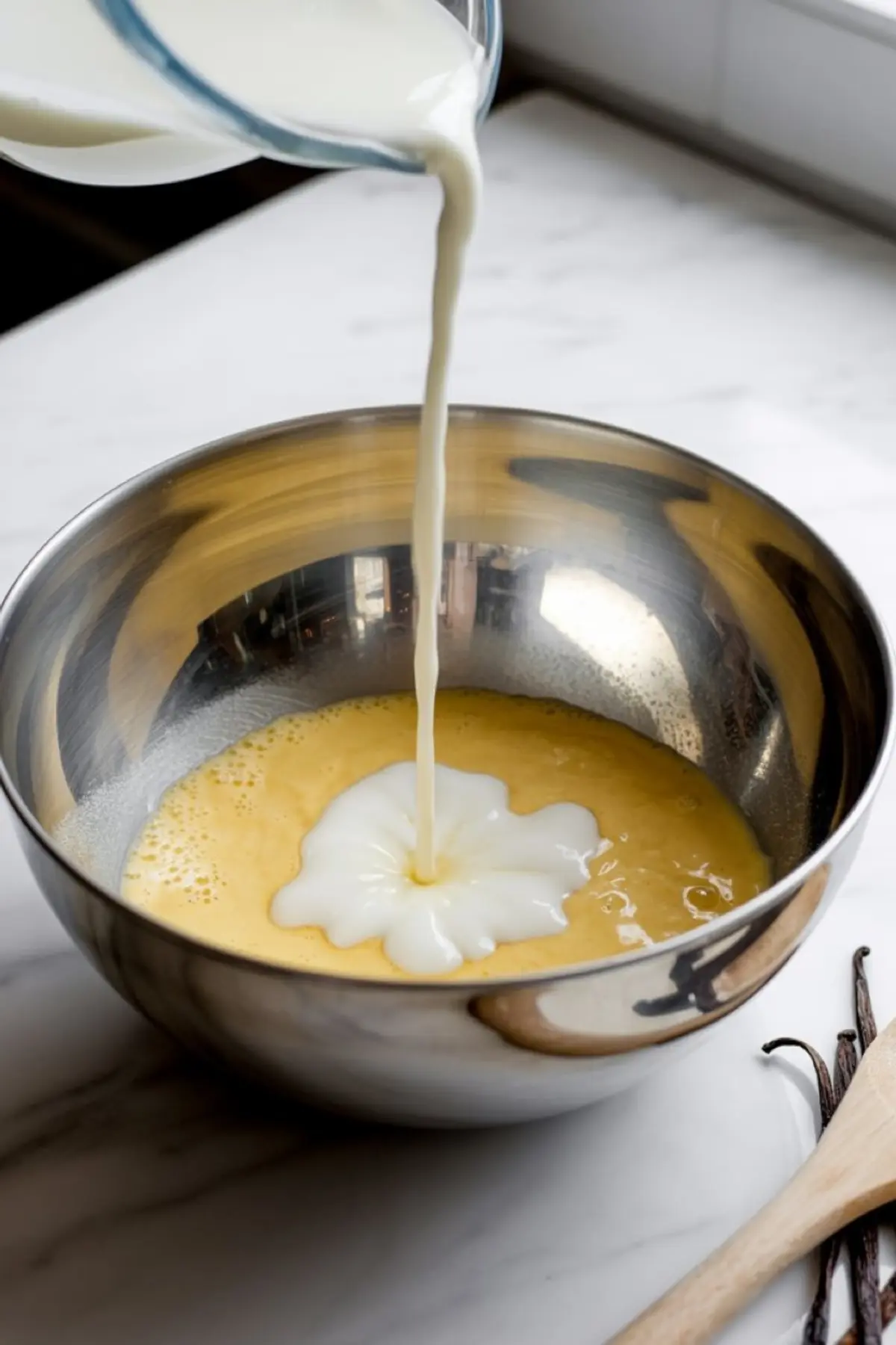 Stream of milk being poured into a large metal mixing bowl with whisked eggs, creating a base for a baked custard pie.
